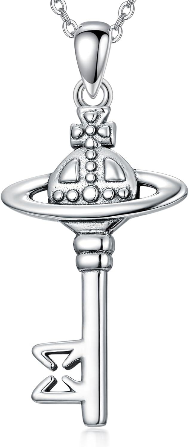 Sterling Silver Key Pendant Necklace with Butterfly Skull Saturn for Women Men-0-0
