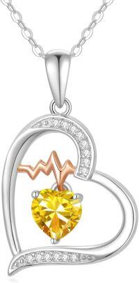wholesale Sterling Silver Gemstone Love Heart Birthstone Necklace with Heartbeat Pendant for Women Gift for Mother Wife Girlfriend-11-Nov-Citrine