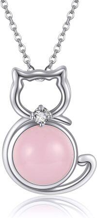 wholesale 925 Sterling Silver Pink Cats Eye Stone Pendant Necklaces with Cubic Zirconia - Wicca Jewelry for Women-Rose Quartz Cat