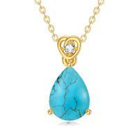 wholesale 14k Gold Teardrop Aquamarine Diamond Pendant Necklace Wholesale With Heart Detail-Turquoise