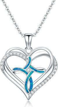 wholesale 925 Sterling Silver Heart-Shaped Blue Opal Pendant Necklace with CZ Accents for Women-Heart Opal Cross Necklace
