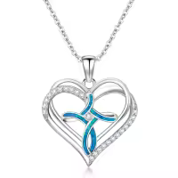 wholesale 925 Sterling Silver Heart-Shaped Blue Opal Pendant Necklace Wholesale with CZ Accents for Women-Heart Opal Cross Necklace