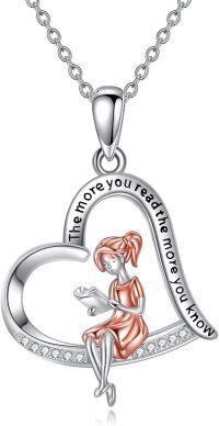 wholesale 925 Sterling Silver Heart-Shaped Girl Reading Pendant Necklace with Cubic Zirconia Stones and Inspirational Quote The more you read the more you know for Women-Book Lover
