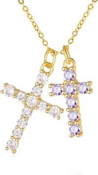 wholesale 14K Gold Plated 925 Sterling Silver Birthstone Double Cross Necklace for Women-04-06-Apr-Jun