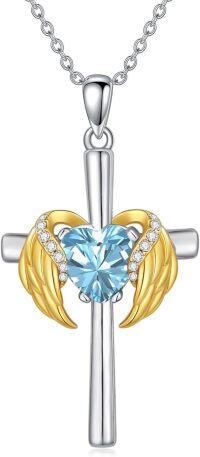 wholesale  Metal Cubic Zirconia Angel Wing Cross Necklace with Heart Birthstone 0 06cttw -12.Topaz-Dec