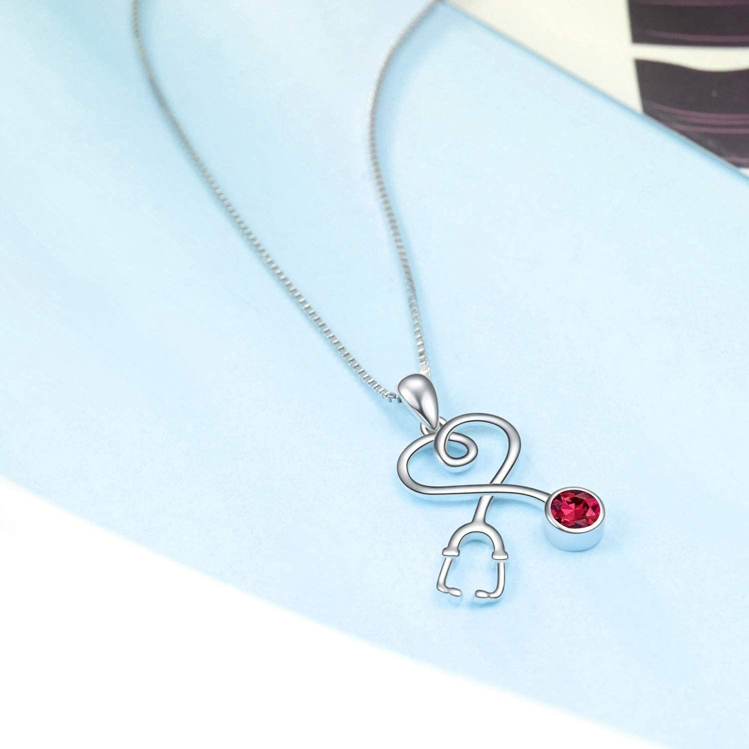 925 Sterling Silver Stethoscope Necklace w 12 Austria Birthstone Crystals Med Grad Gift-0-2