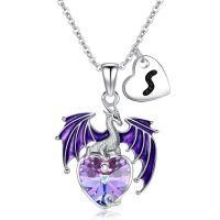 wholesale 925 Sterling Silver Purple Dragon Heart Crystal Necklace Wholesale With Initial J Charm-S