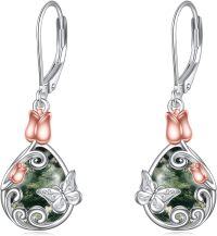 wholesale 925 Sterling Silver Butterfly Drop Earrings w/Moonstone & Green Stone-08-Moss Agate Butterfly Earrings