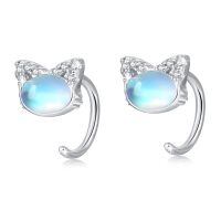 wholesale 925 Sterling Silver Cat Ear Clip Earrings White Gold Plated Blue Moonstone Cz Accents-Cat Moonstone Hug