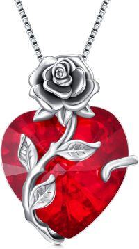 wholesale Sterling Silver Crystal Rose Flower Heart Pendant Necklace-07-Jul - Ruby
