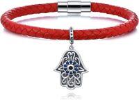 wholesale 925 Sterling Silver Red Braided Leather Evil Eye Hamsa Hand Bracelet for Women's Protection and Good Luck Charm s-Hamsa Hand-9 Inch