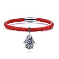 wholesale 925 Sterling Silver Red Braided Leather Hamsa Bracelet Wholesale With Evil Eye Charm And Magnetic Clasp-Hamsa Hand-9 Inch