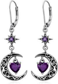 wholesale 925 Sterling Silver Moon Star Birthstone Dangle Earrings-02-Feb-Amethyst