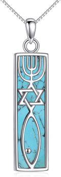 wholesale 925 Sterling Silver Menorah Star of David Turquoise Stone Pendant Necklace Gift for Women-0-0