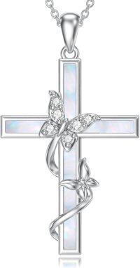 wholesale 925 Sterling Silver Cross with Opal and CZ Butterfly Pendant Necklace for Women-Created White Opal