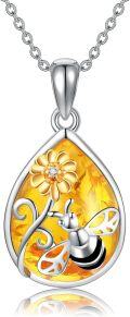 wholesale 925 Sterling Silver Amber Bee Flower Pendant Necklace for Women-0-0