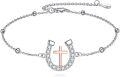 wholesale 925 Silver Rose Gold Plated Horseshoe Cross Bracelet, Nickel-Free & Lead-Free, Hypoallergenic, 24mm Size, 7.2 Chain, Gift Box-0-0