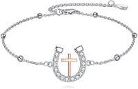 wholesale 925 Silver Rose Gold Plated Horseshoe Cross Bracelet, Nickel-Free & Lead-Free, Hypoallergenic, 24mm Size, 7.2 Chain, Gift Box-Cross Horseshoes