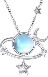 wholesale 925 Sterling Silver Blue Moonstone Star & Crescent Moon Pendant Necklace for Women Gifts-Moonstone Planet Necklace
