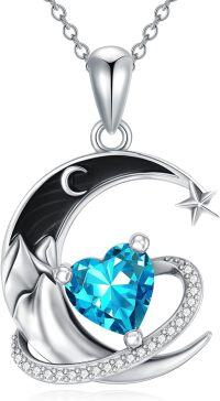 wholesale  Sterling Silver Birthstone Moon Star Heart Pendant Necklace -03-Mar-Aquamarine