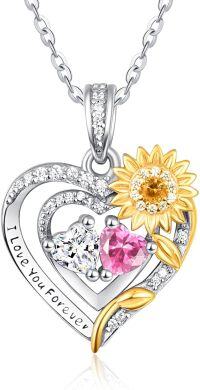 wholesale Sterling Silver 2 Birthstones Sunflower Heart Necklace for Women-04-10-Apr-Oct