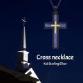 wholesale 925 Sterling Silver Mens Black Gold Cross Necklace w/ Blue Stone Pendant-0-1