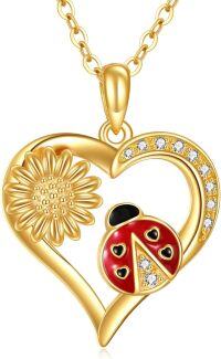 wholesale 14K Gold Ladybug Heart Sunflower Pendant Necklace for Women - Mothers Day Gift-Ladybug Sunflower