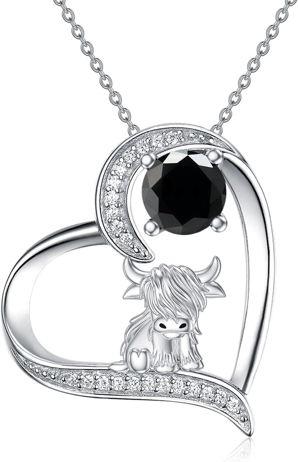 Sterling Silver Highland Cow Birthstone Necklace Jewelry Gifts for Women Girls-3-1-Black CZ-3-1-Black CZ