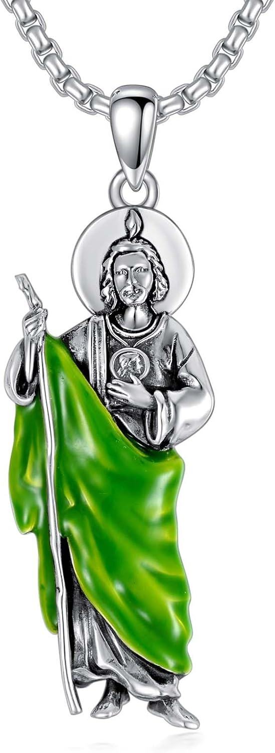 Sterling Silver Oval St Michael St Christopher Medal Archangel Cross Necklace w 22 +2 Chain-D01-St Judas