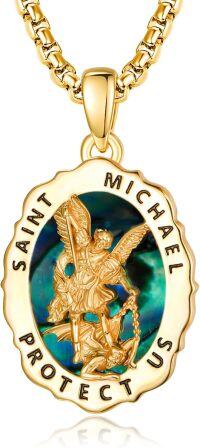 wholesale 925 Sterling Silver & 24k Gold Plated St Michael Protect Us Pendant Necklace with Green Stone for Men/Women-St Michael A-Abalone Shell-St Michael A-Abalone Shell