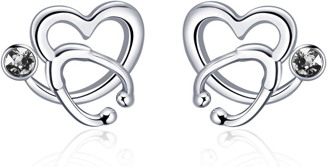 Sterling Silver Austria Crystal Nurse Earrings Stethoscope Studs Graduation Gifts for RN Doctor Medical Student-Clear White