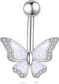 wholesale 925 Sterling Silver Butterfly Belly Button Ring Dangle Hoop Opal Body Piercing s for Women (14g)-0-0