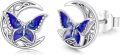 wholesale 925 Sterling Silver Blue Enamel Butterfly Stud Earrings Celtic Moon Design Irish  for Women-0-0