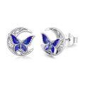 wholesale 925 Sterling Silver Blue Butterfly Crescent Moon Stud Earrings Platinum Plated-0-0