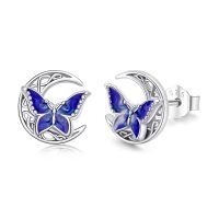 wholesale 925 Sterling Silver Blue Butterfly Crescent Moon Stud Earrings Platinum Plated-Silver