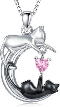 wholesale Silver Onyx Cat Moon Pendant Necklace Women s Jewelry Gift-October - Pink Tourmaline