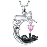 wholesale 925 Sterling Silver Onyx Cat Moon Pendant Necklace Women s Jewelry Gift-October - Pink Tourmaline