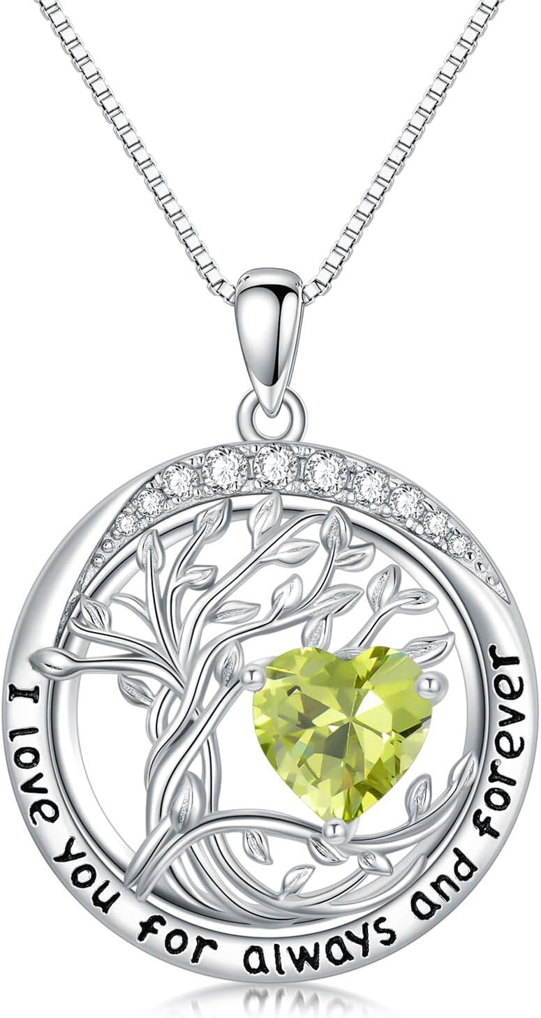 White Gold Sterling Silver Austrian Crystal Tree of Life Birthstone Necklace-08-Aug-Peridot