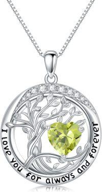 wholesale 925 Sterling Silver Austrian Crystal Tree of Life Pendant Necklaces with Birthstone for Women-08-Aug-Peridot