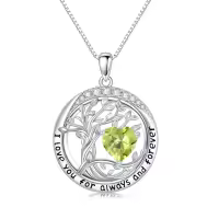 wholesale 925 Sterling Silver Austrian Crystal Tree of Life Pendant Necklaces with Birthstone for Women-08-Aug-Peridot