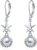wholesale 925 Sterling Silver Sea Life Shell Pearl Starfish Leverback Earrings-0-0
