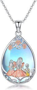 wholesale 925 Sterling Silver Teardrop Blue Moonstone Family Pendant Necklaces for Mom and Kids Gift Set-0-0