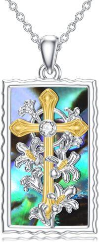 wholesale 925 Sterling Silver Cross Pendant with Lily Flowers and Cubic Zirconia Gemstone - Religious  for Her Him-09-Lily