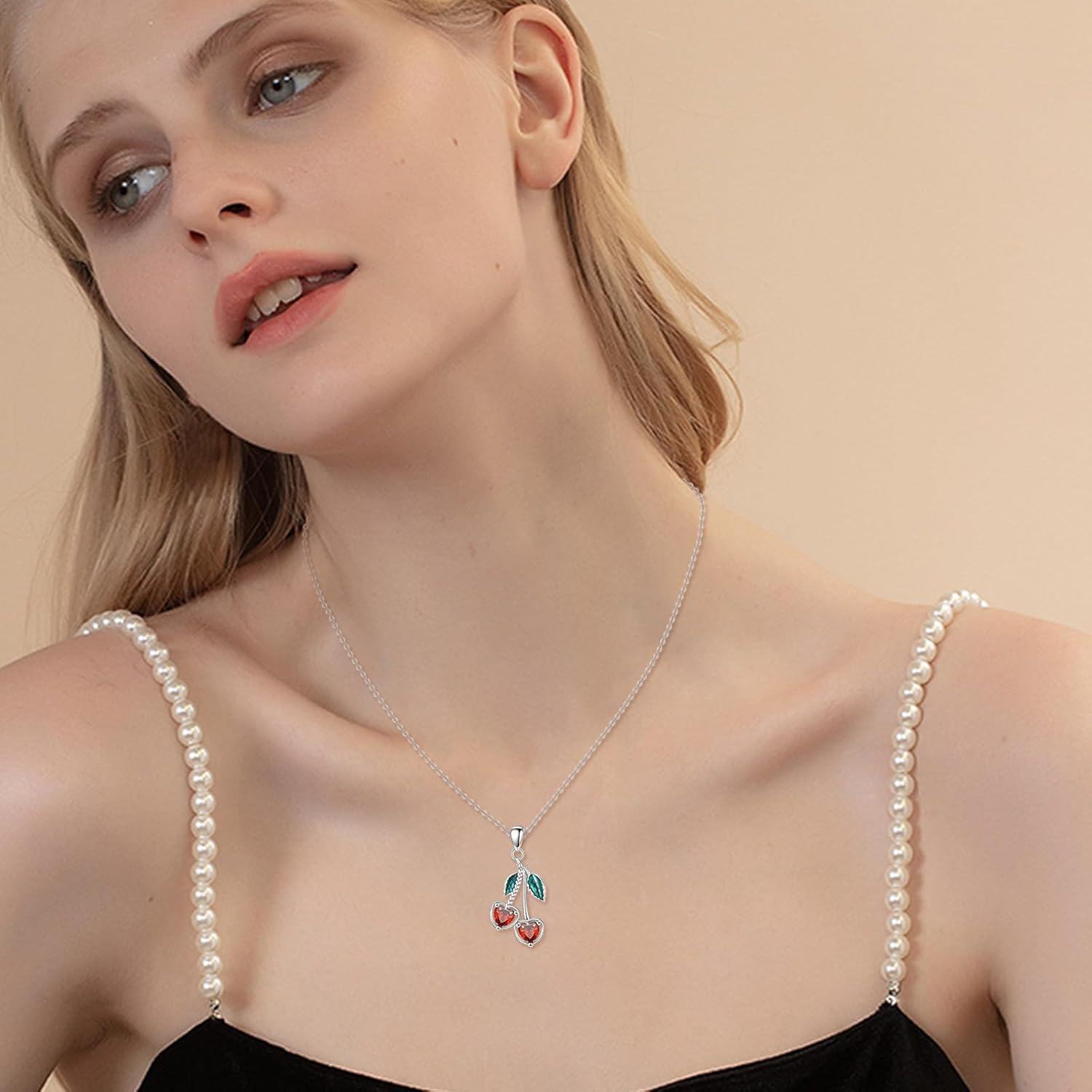 925 Sterling Silver Cherry Heart Pendant Red Crystal Fruit Charm Necklaces for Women Gifts-0-1