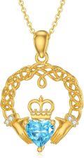 wholesale 14K Gold Heart-Shaped Blue Crystal Crown and Hands Celtic Knot Claddagh Pendant Necklace for Women-0-0