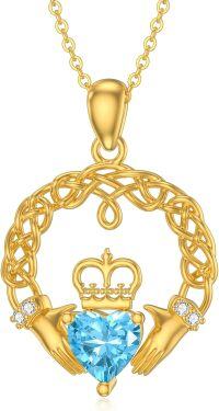 wholesale 14K Gold Heart-Shaped Blue Crystal Crown and Hands Celtic Knot Claddagh Pendant Necklace for Women-Claddagh Pendant Necklace