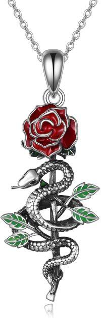 wholesale 925 Sterling Silver Snake and Rose Flower Pendant Necklace Blue/Purple/Pink/Green Butterfly  for Women Girls-snake and rose flower