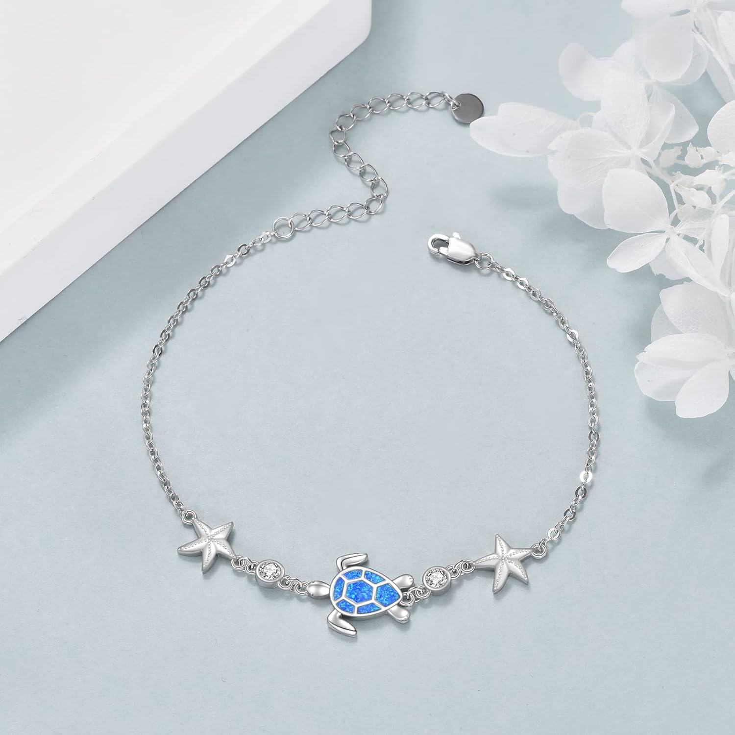 wholesale 925 Sterling Silver Blue Opal Sea Turtle & Starfish Charm Anklet for Women Girls Beach  7 Adjustable Chain Length-0-2