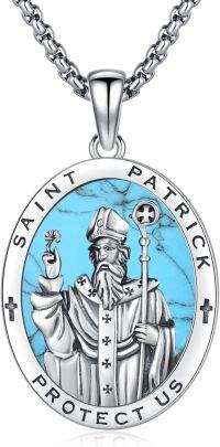 wholesale Sterling Silver Archangel Medals St Pendant Necklace for Men Women-72-St Patrick(oval turquoise-silver)