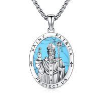 wholesale 925 Sterling Silver Archangel Medals St Pendant Necklace for Men Women-72-St Patrick(oval turquoise-silver)